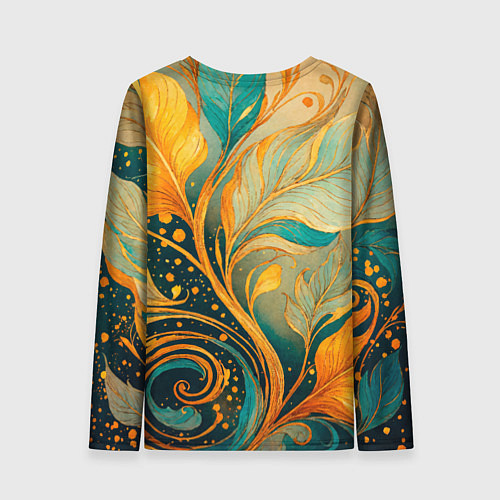 Женский лонгслив Золотые и бирюзовые листья абстракция / 3D-принт – фото 2