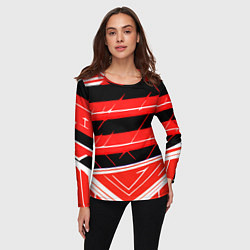 Лонгслив женский Чёрно-белые полосы на красном фоне, цвет: 3D-принт — фото 2