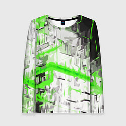 Лонгслив женский Бело-зелёная абстракция на чёрном фоне, цвет: 3D-принт