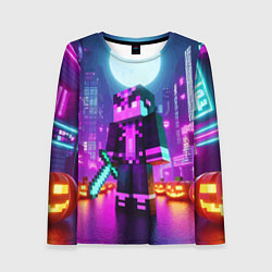 Женский лонгслив Чувак с мечом в неоновом городе - Майнкрафт