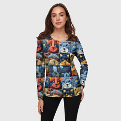 Лонгслив женский Вязанные еноты на пэчворк, цвет: 3D-принт — фото 2