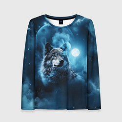 Женский лонгслив Волк ночное синее небо