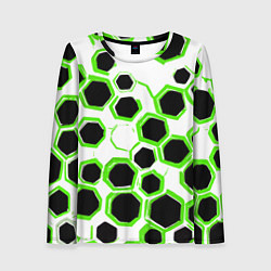 Лонгслив женский Чёрно-зелёные шестиугольники на белом фоне, цвет: 3D-принт