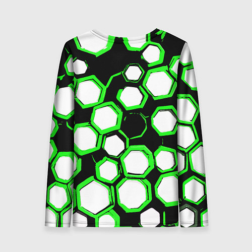 Женский лонгслив Бело-зелёные шестиугольники на чёрном фоне / 3D-принт – фото 2