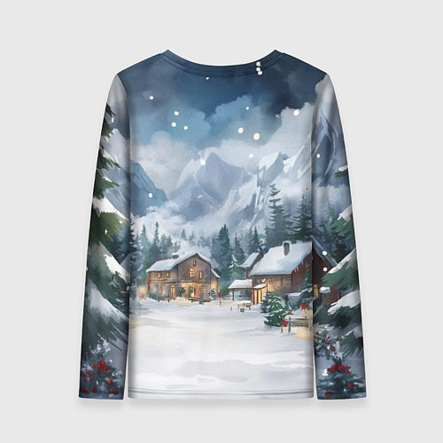 Женский лонгслив Новый год - домики в горах / 3D-принт – фото 2