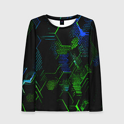 Лонгслив женский Сине-зелёные точки и линии на чёрном фоне, цвет: 3D-принт