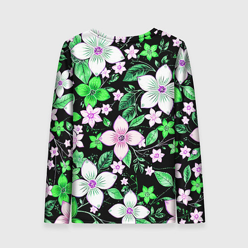 Женский лонгслив Зелёно-белые цветы на чёрном фоне / 3D-принт – фото 2
