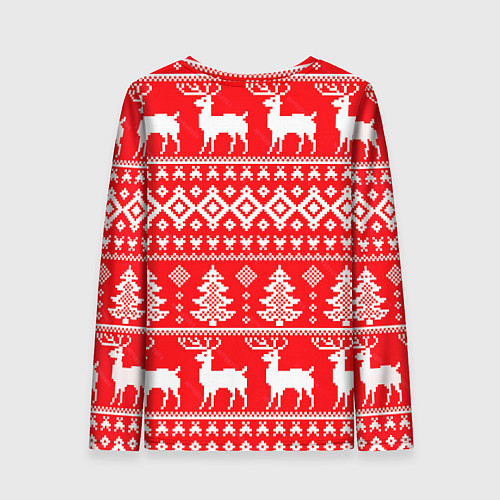 Женский лонгслив Новогодние мотивы елки и олени на красном / 3D-принт – фото 2