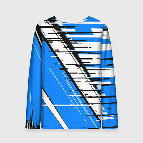 Женский лонгслив Чёрно-белые глитч полосы на синем фоне / 3D-принт – фото 2