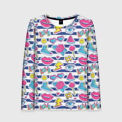 Лонгслив женский Полосатый паттерн с яркими молодежными стикерами, цвет: 3D-принт