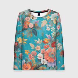 Лонгслив женский Цветочки на голубом фоне, цвет: 3D-принт