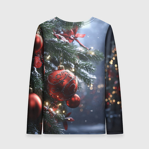 Женский лонгслив Красные новогодние шары с узорами / 3D-принт – фото 2