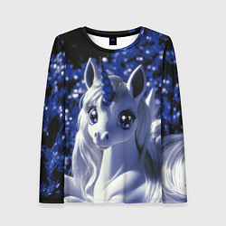 Лонгслив женский Единорог - синий рог, цвет: 3D-принт