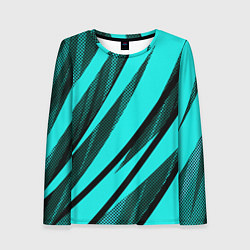 Женский лонгслив Неоновый голубой с чёрным абстракция с полосами