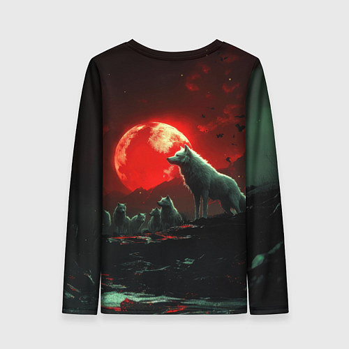 Женский лонгслив Белый волк на фоне красной луны / 3D-принт – фото 2