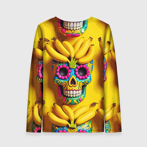 Женский лонгслив Мексиканские черепа и бананы - паттерн / 3D-принт – фото 2