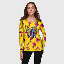 Лонгслив женский Слон с крыльями бабочки на цветочном фоне, цвет: 3D-принт — фото 2