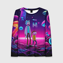 Лонгслив женский Морти и Рик на планете неоновых сказочных грибов, цвет: 3D-принт