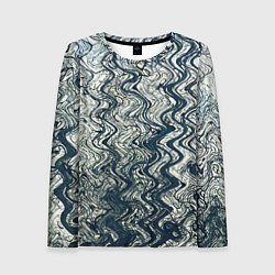 Лонгслив женский Бело-синий искажённые абстрактные линии, цвет: 3D-принт