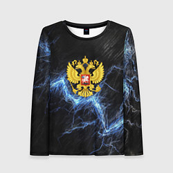 Женский лонгслив Герб РФ на черной текстуре с синими потертостями