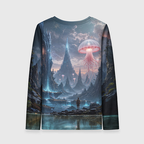 Женский лонгслив Фантастический мир с медузами и озеро у гор / 3D-принт – фото 2