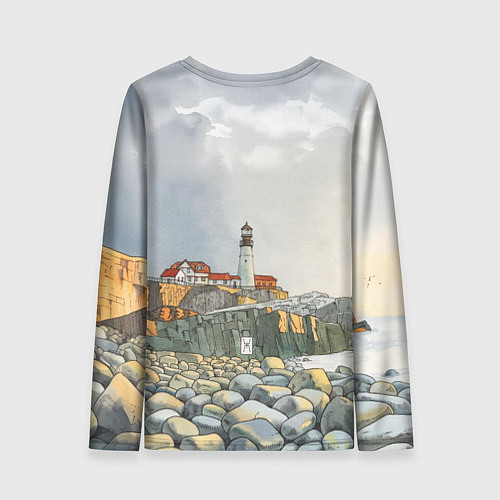 Женский лонгслив Маяк и камни на пляже - акварельный рисунок / 3D-принт – фото 2