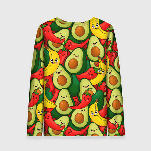 Женский лонгслив Авокадо, бананы, перцы чили улыбаются - паттерн фр / 3D-принт – фото 2
