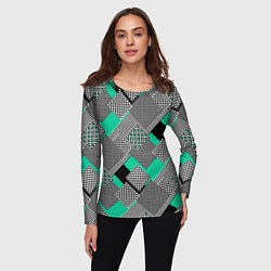 Лонгслив женский Черно бирюзовая абстрактная геометрия пэчворк, цвет: 3D-принт — фото 2