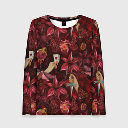 Женский лонгслив Бордовая готика с сердцем, лилиями и мотыльками
