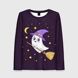 Лонгслив женский Хэллоуин, привидение на метле, звезды, цвет: 3D-принт
