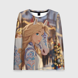 Лонгслив женский Блондинка с новогодней лошадкой, цвет: 3D-принт