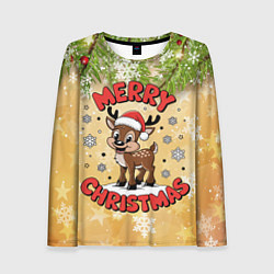 Лонгслив женский Олень в шапке Санты, цвет: 3D-принт
