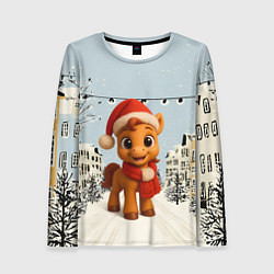 Женский лонгслив Милая новогодняя лошадка с шарфом