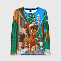 Лонгслив женский Лошадка распаковывает новогодний подарок, цвет: 3D-принт