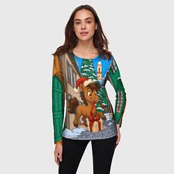 Лонгслив женский Лошадка распаковывает новогодний подарок, цвет: 3D-принт — фото 2