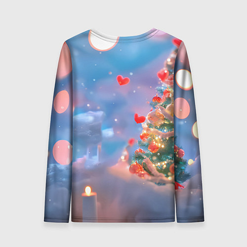 Женский лонгслив Рыжий котенок в сердечках у елочки / 3D-принт – фото 2