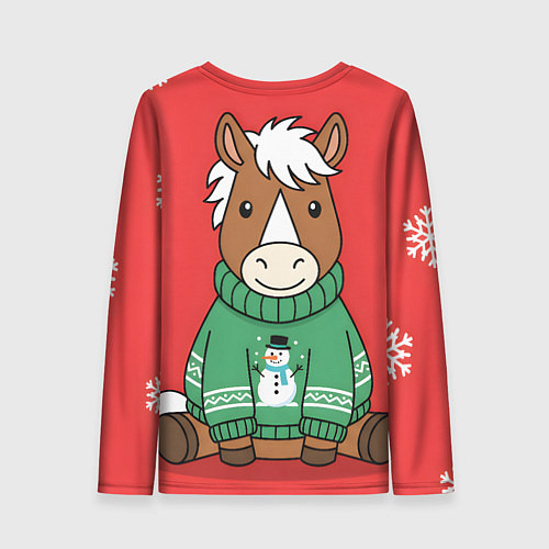 Женский лонгслив Новогодняя лошадка в зеленом свитере / 3D-принт – фото 2
