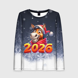 Лонгслив женский Лошадка в шапке Санты, цвет: 3D-принт