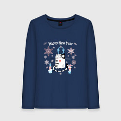 Лонгслив хлопковый женский Котейко Счастливый Новый год, цвет: тёмно-синий