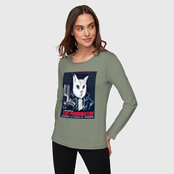 Лонгслив хлопковый женский Кот Терминатор пародия, цвет: авокадо — фото 2