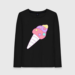 Лонгслив хлопковый женский Мороженое рожок звездочки, цвет: черный
