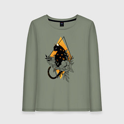 Лонгслив хлопковый женский Cat in flowers, цвет: авокадо
