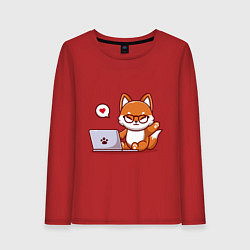 Лонгслив хлопковый женский Cute fox and laptop, цвет: красный