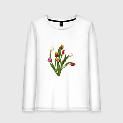 Лонгслив хлопковый женский Букет разноцветных тюльпанов, цвет: белый