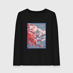 Лонгслив хлопковый женский Цветение Сакуры на фоне Фудзи, цвет: черный