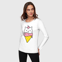 Лонгслив хлопковый женский Ice Cream Cat, цвет: белый — фото 2