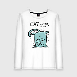 Лонгслив хлопковый женский Кот и йога, цвет: белый