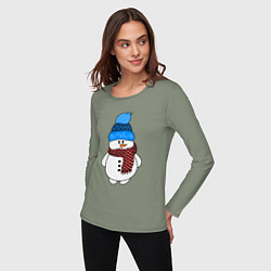 Лонгслив хлопковый женский Снеговик в шапочке, цвет: авокадо — фото 2