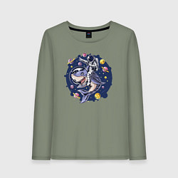 Лонгслив хлопковый женский Космонавт верхом на акуле, цвет: авокадо