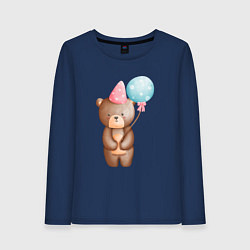 Лонгслив хлопковый женский Медвежонок с шариками День Рождения, цвет: тёмно-синий